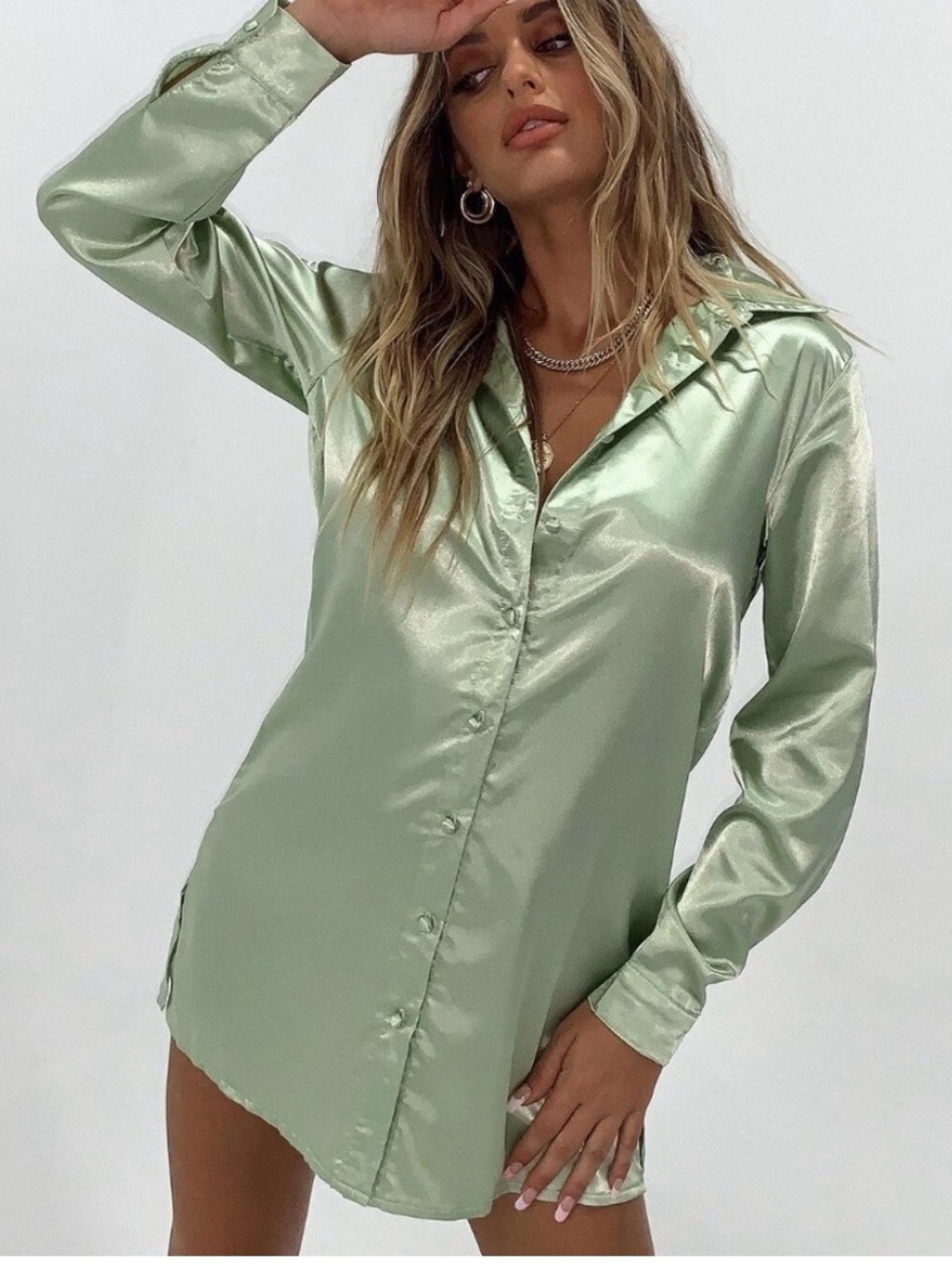 Princess Polly Satin Button-Up Shirt Dress in Sage Green